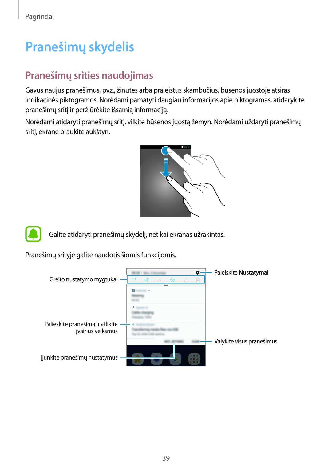 Samsung SM-G930FZDASEB manual Pranešimų skydelis, Pranešimų srities naudojimas 