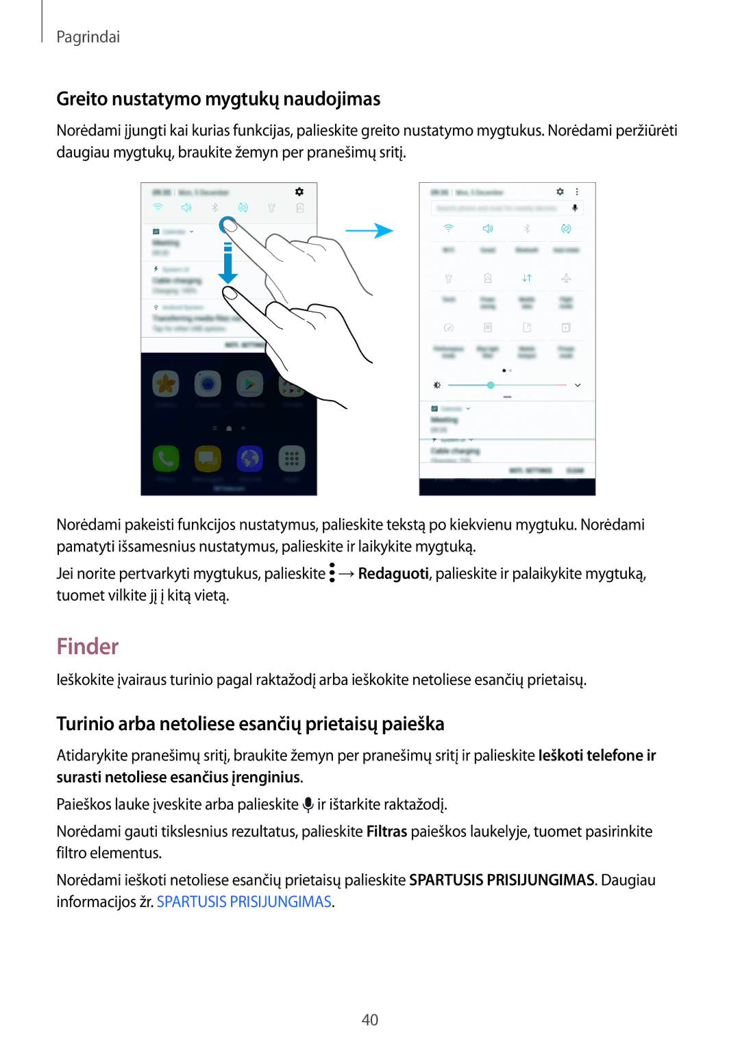 Samsung SM-G930FZDASEB manual Finder, Greito nustatymo mygtukų naudojimas, Turinio arba netoliese esančių prietaisų paieška 