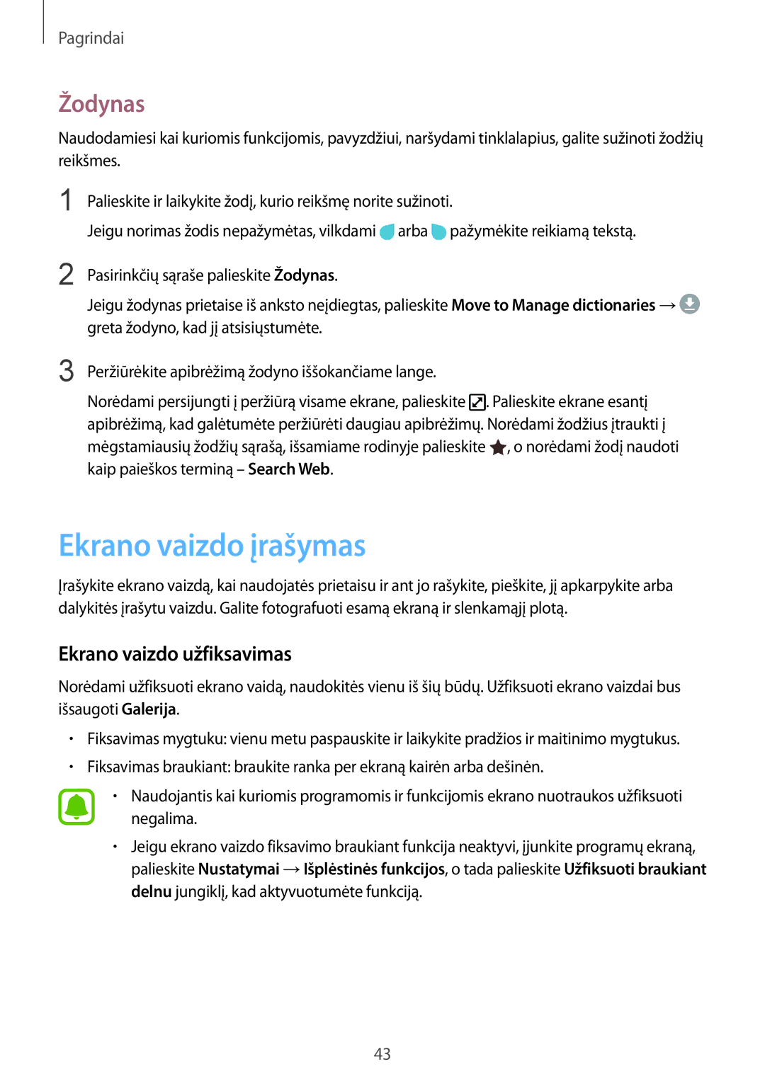 Samsung SM-G930FZDASEB manual Ekrano vaizdo įrašymas, Žodynas, Ekrano vaizdo užfiksavimas 