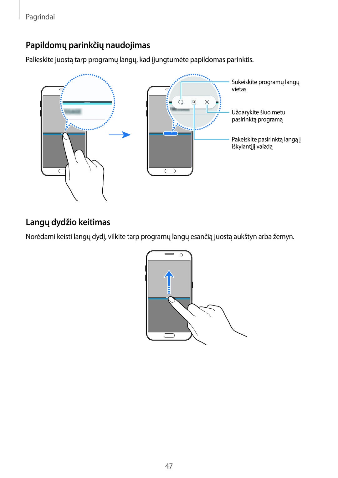 Samsung SM-G930FZDASEB manual Papildomų parinkčių naudojimas, Langų dydžio keitimas 