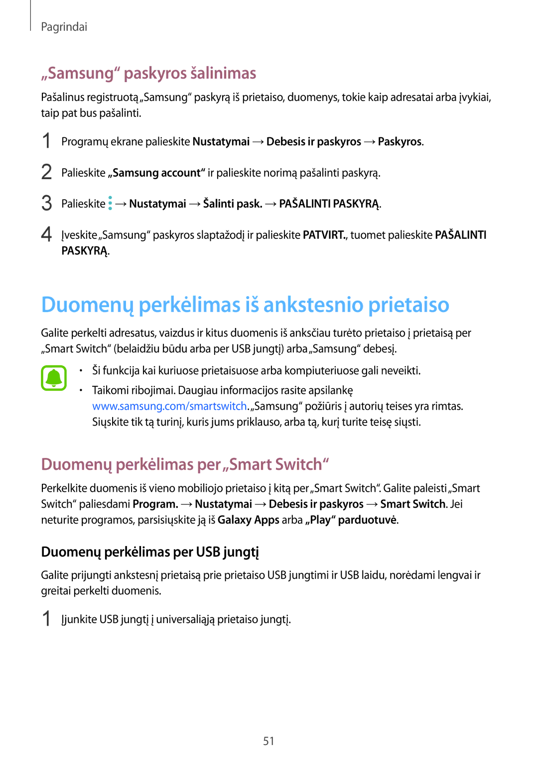 Samsung SM-G930FZDASEB manual Duomenų perkėlimas iš ankstesnio prietaiso, „Samsung paskyros šalinimas 