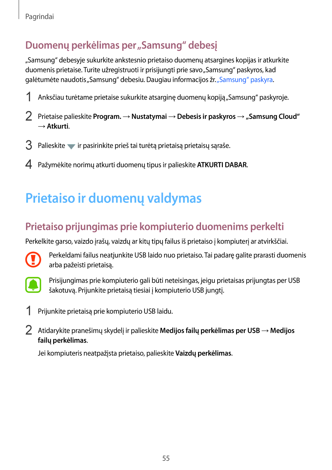 Samsung SM-G930FZDASEB manual Prietaiso ir duomenų valdymas, Duomenų perkėlimas per„Samsung debesį, → Atkurti 