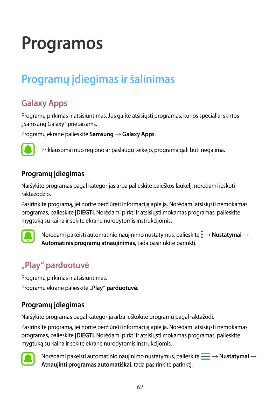 Samsung SM-G930FZDASEB manual Programų įdiegimas ir šalinimas, Galaxy Apps, „Play parduotuvė 