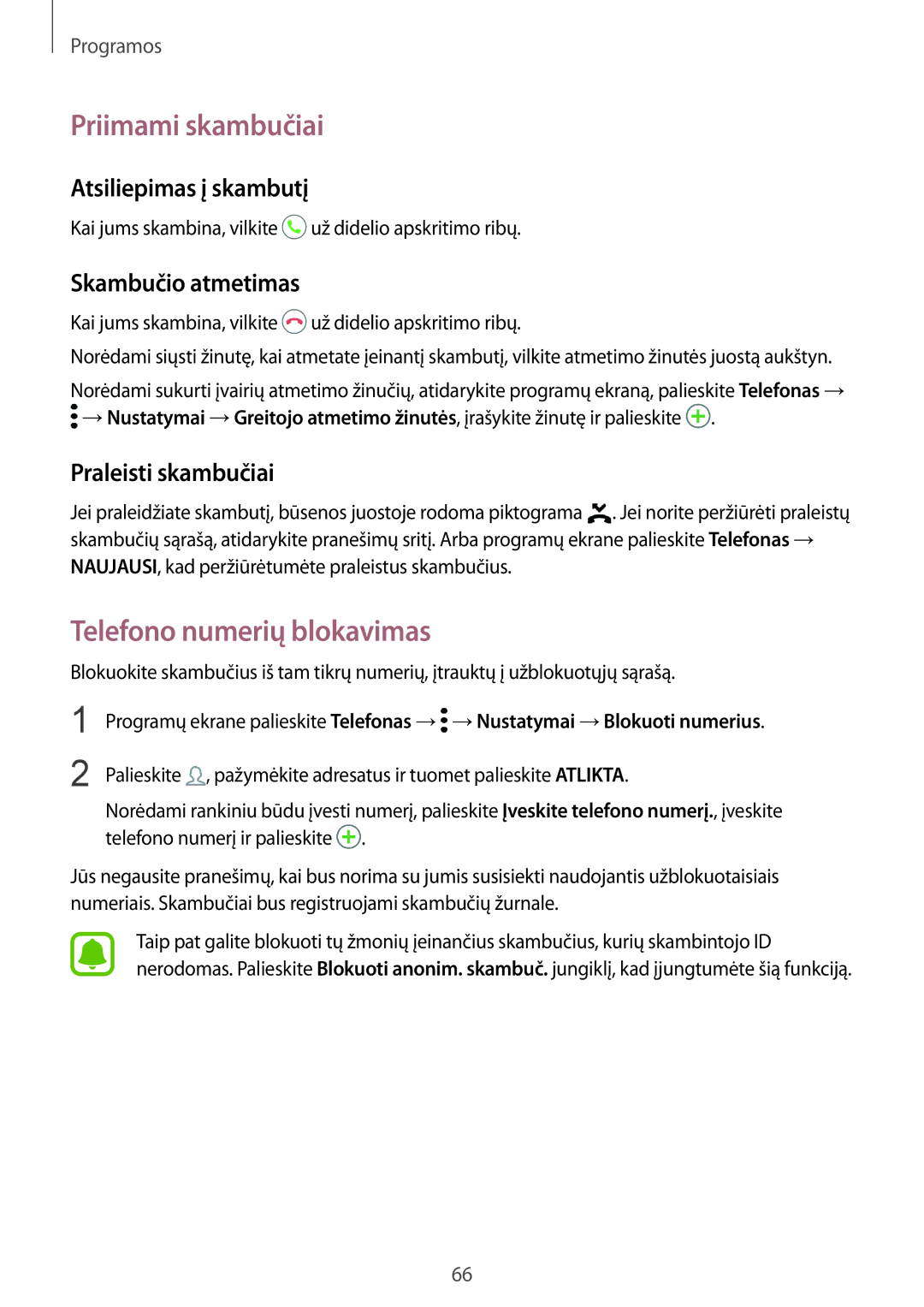 Samsung SM-G930FZDASEB Priimami skambučiai, Telefono numerių blokavimas, Atsiliepimas į skambutį, Skambučio atmetimas 