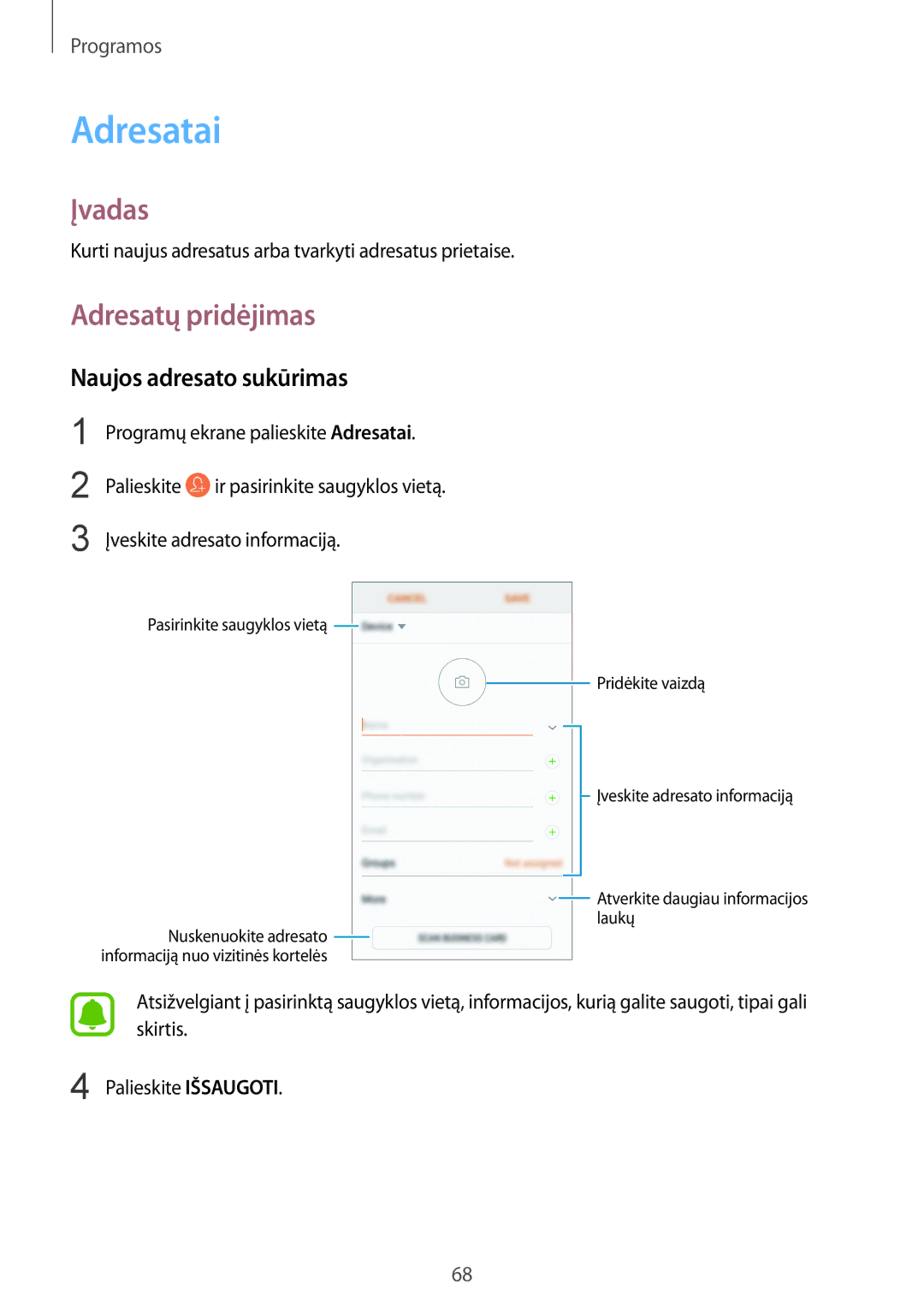 Samsung SM-G930FZDASEB manual Adresatai, Adresatų pridėjimas, Naujos adresato sukūrimas 