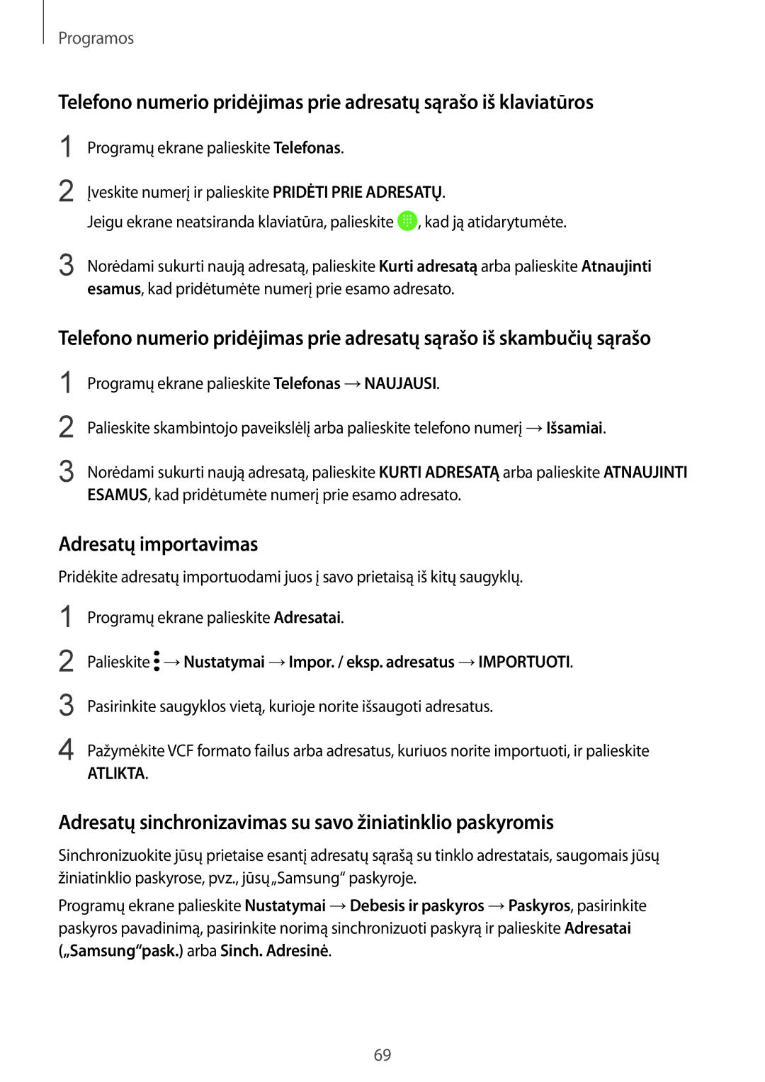 Samsung SM-G930FZDASEB manual Adresatų importavimas, Adresatų sinchronizavimas su savo žiniatinklio paskyromis 