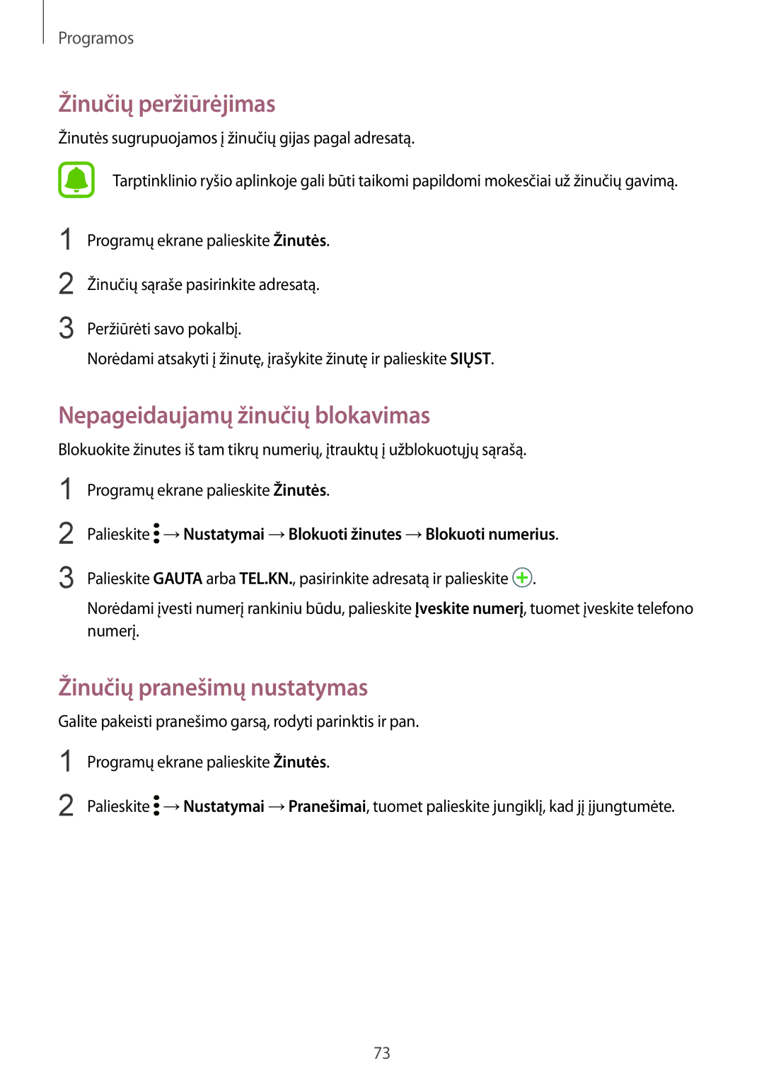 Samsung SM-G930FZDASEB manual Žinučių peržiūrėjimas, Nepageidaujamų žinučių blokavimas, Žinučių pranešimų nustatymas 