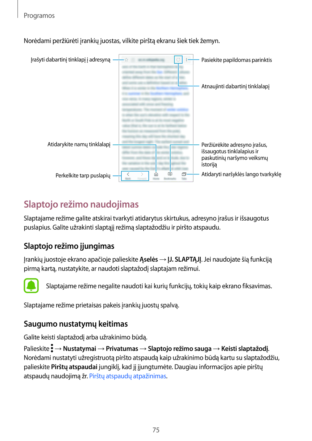 Samsung SM-G930FZDASEB manual Slaptojo režimo naudojimas, Slaptojo režimo įjungimas, Saugumo nustatymų keitimas 