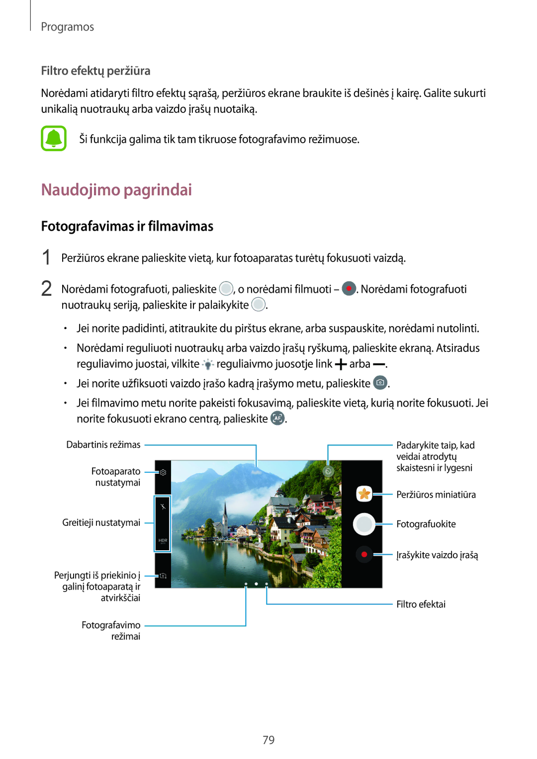 Samsung SM-G930FZDASEB manual Naudojimo pagrindai, Fotografavimas ir filmavimas, Filtro efektų peržiūra 