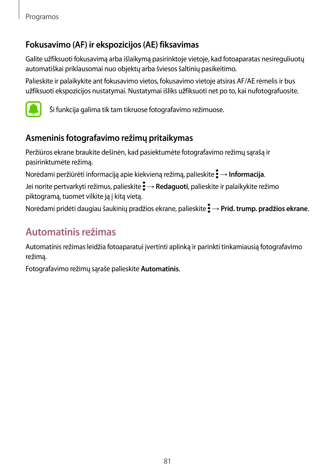 Samsung SM-G930FZDASEB manual Automatinis režimas, Fokusavimo AF ir ekspozicijos AE fiksavimas 