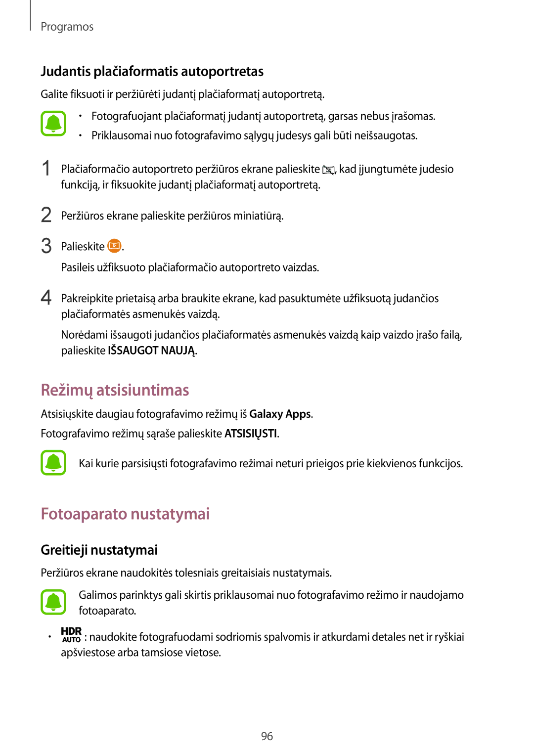 Samsung SM-G930FZDASEB manual Režimų atsisiuntimas, Fotoaparato nustatymai, Judantis plačiaformatis autoportretas 