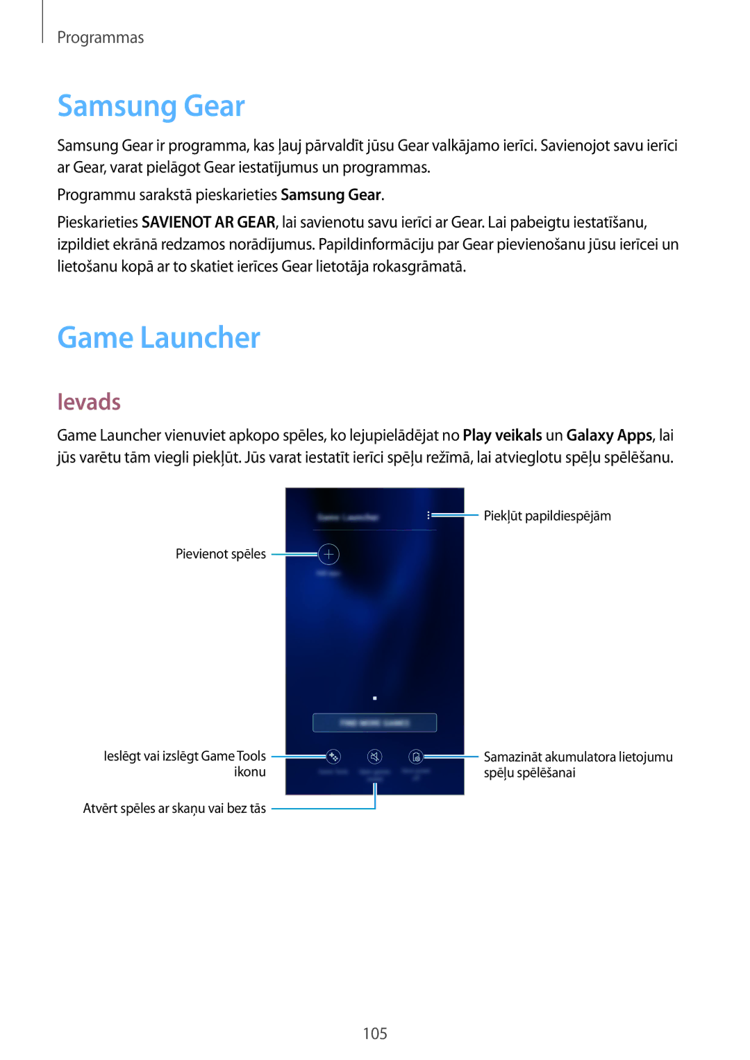 Samsung SM-G930FZDASEB manual Samsung Gear, Game Launcher 