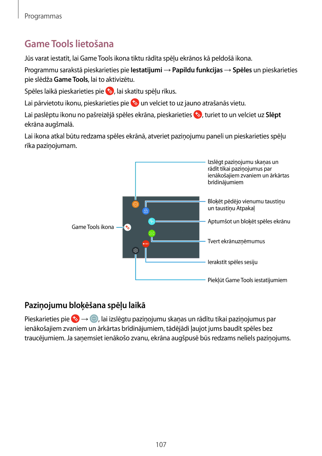 Samsung SM-G930FZDASEB manual Game Tools lietošana, Paziņojumu bloķēšana spēļu laikā 