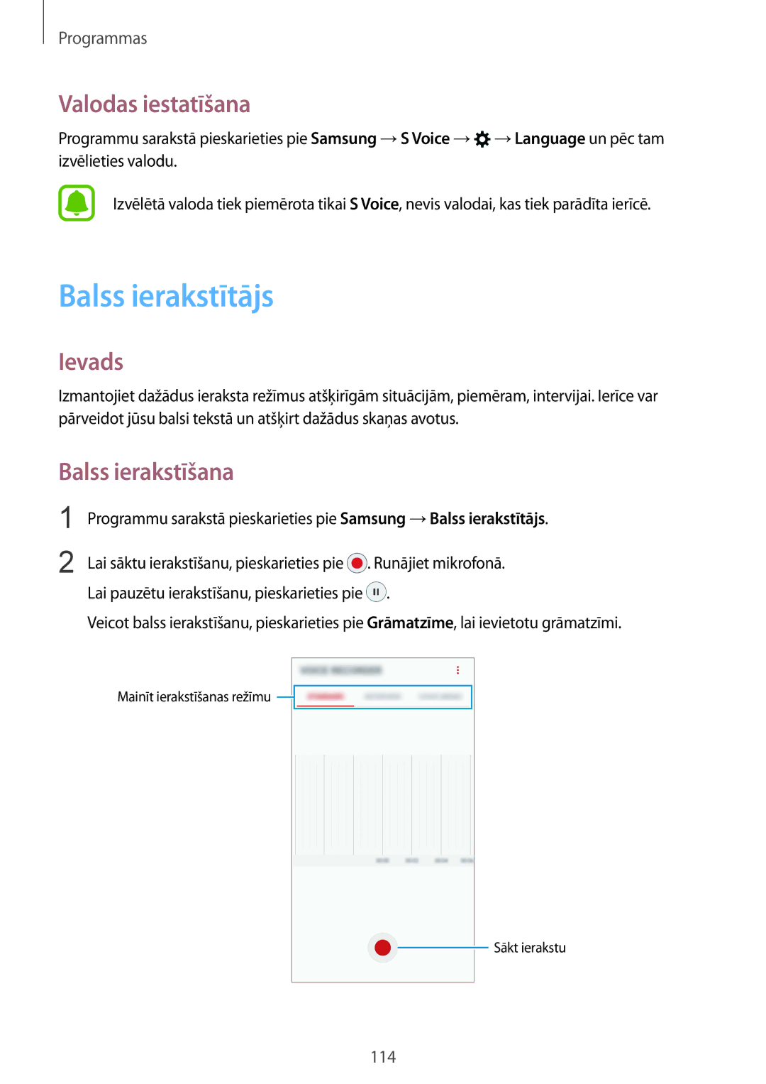 Samsung SM-G930FZDASEB manual Balss ierakstītājs, Valodas iestatīšana, Balss ierakstīšana 