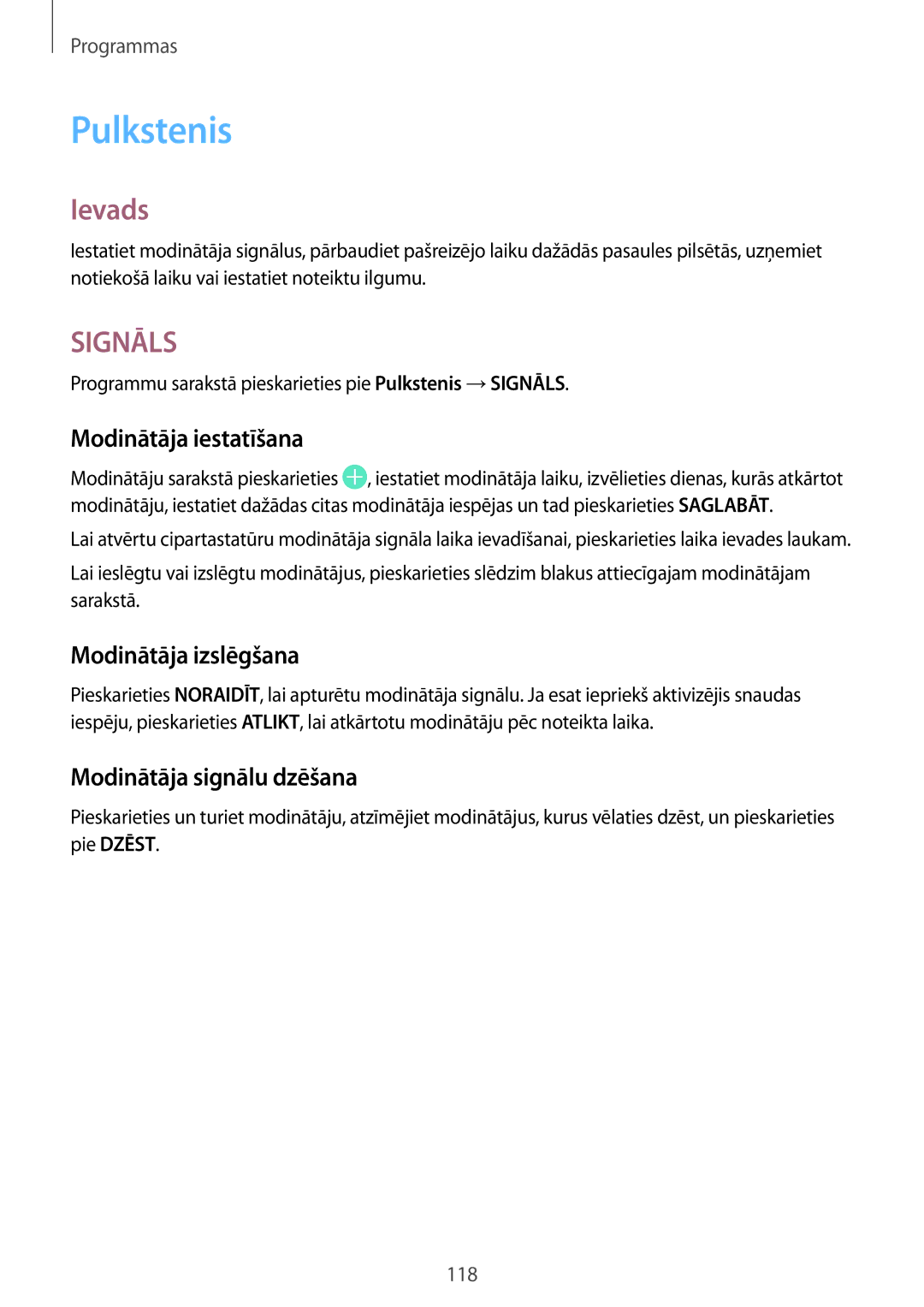 Samsung SM-G930FZDASEB manual Pulkstenis, Modinātāja iestatīšana, Modinātāja izslēgšana, Modinātāja signālu dzēšana 