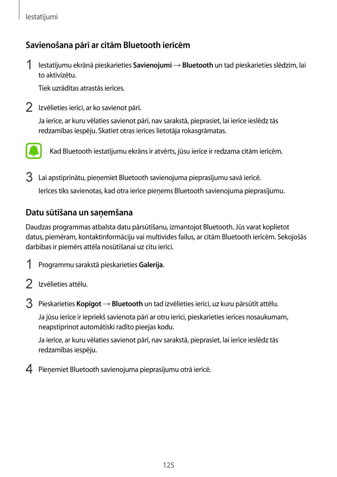 Samsung SM-G930FZDASEB manual Savienošana pārī ar citām Bluetooth ierīcēm, Datu sūtīšana un saņemšana 
