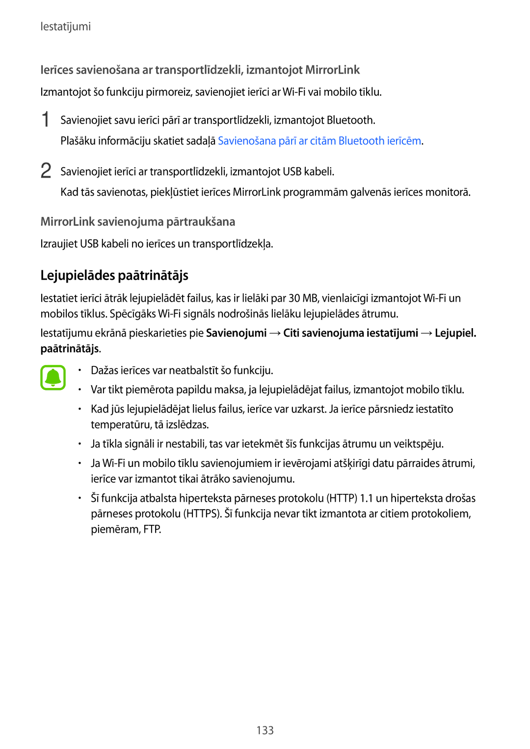 Samsung SM-G930FZDASEB manual Lejupielādes paātrinātājs, MirrorLink savienojuma pārtraukšana 