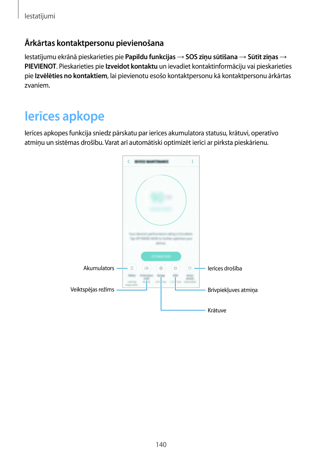 Samsung SM-G930FZDASEB manual Ierīces apkope, Ārkārtas kontaktpersonu pievienošana 