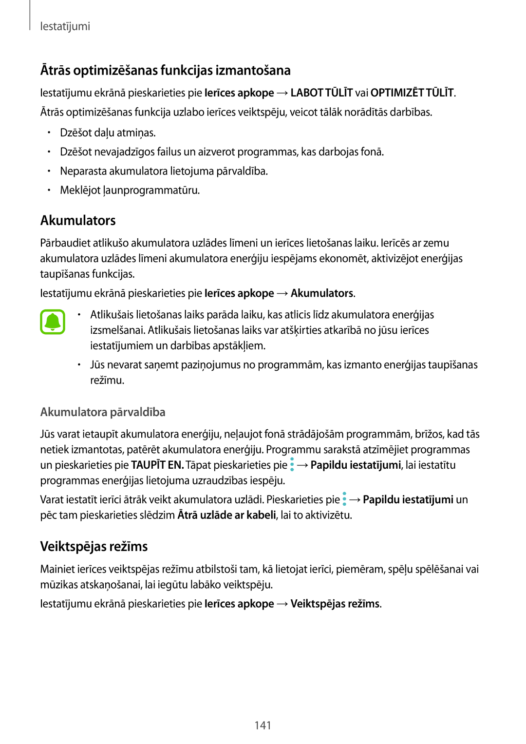 Samsung SM-G930FZDASEB Ātrās optimizēšanas funkcijas izmantošana, Akumulators, Veiktspējas režīms, Akumulatora pārvaldība 