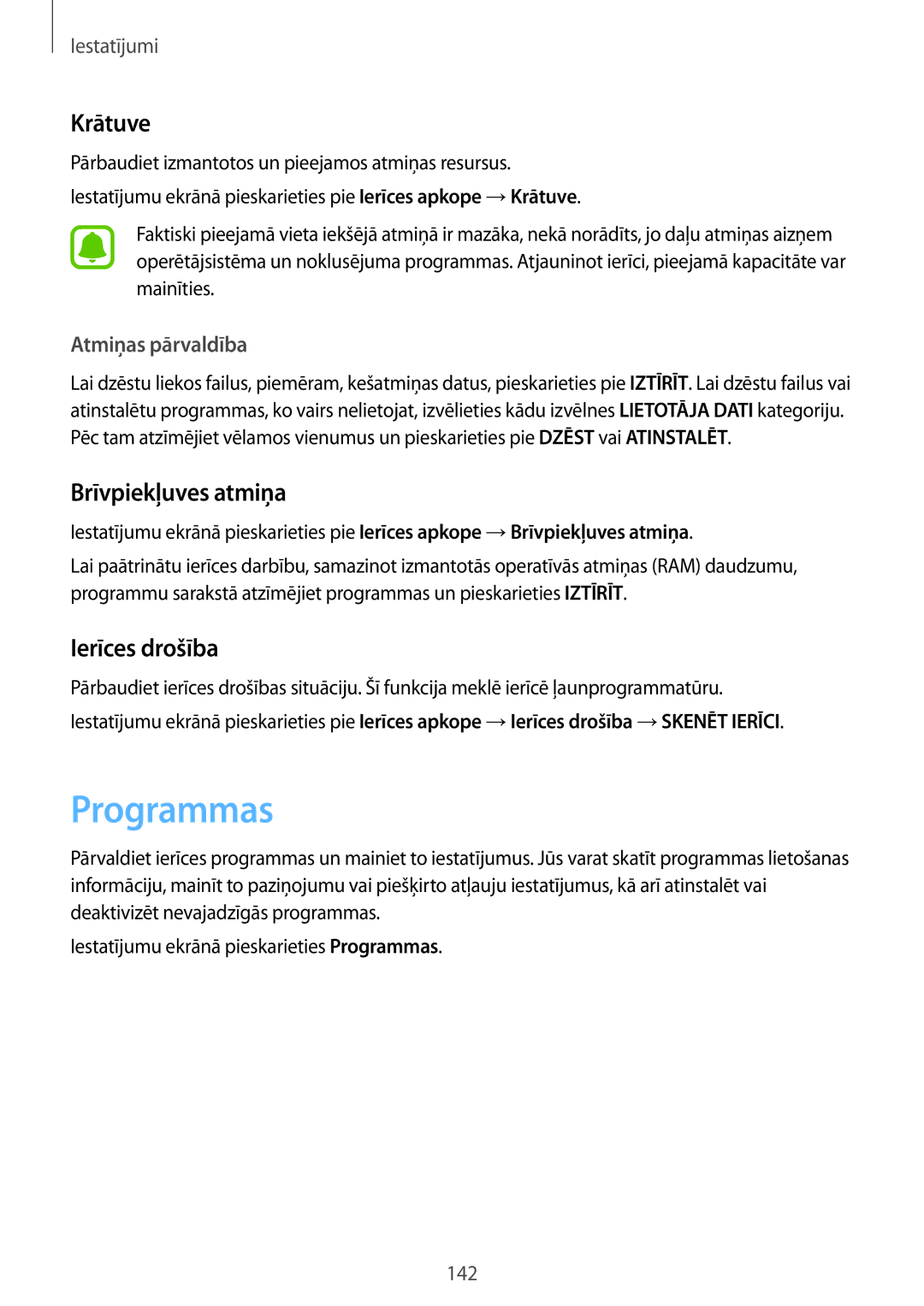 Samsung SM-G930FZDASEB manual Programmas, Krātuve, Brīvpiekļuves atmiņa, Ierīces drošība, Atmiņas pārvaldība 