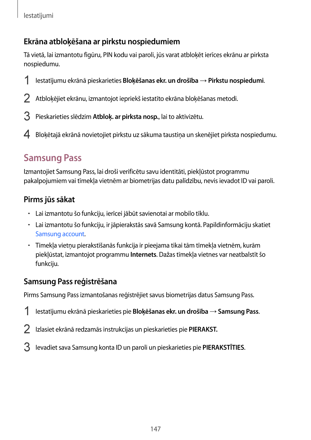 Samsung SM-G930FZDASEB manual Ekrāna atbloķēšana ar pirkstu nospiedumiem, Samsung Pass reģistrēšana 