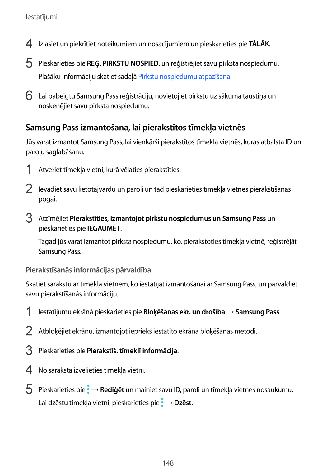 Samsung SM-G930FZDASEB Samsung Pass izmantošana, lai pierakstītos tīmekļa vietnēs, Pierakstīšanās informācijas pārvaldība 