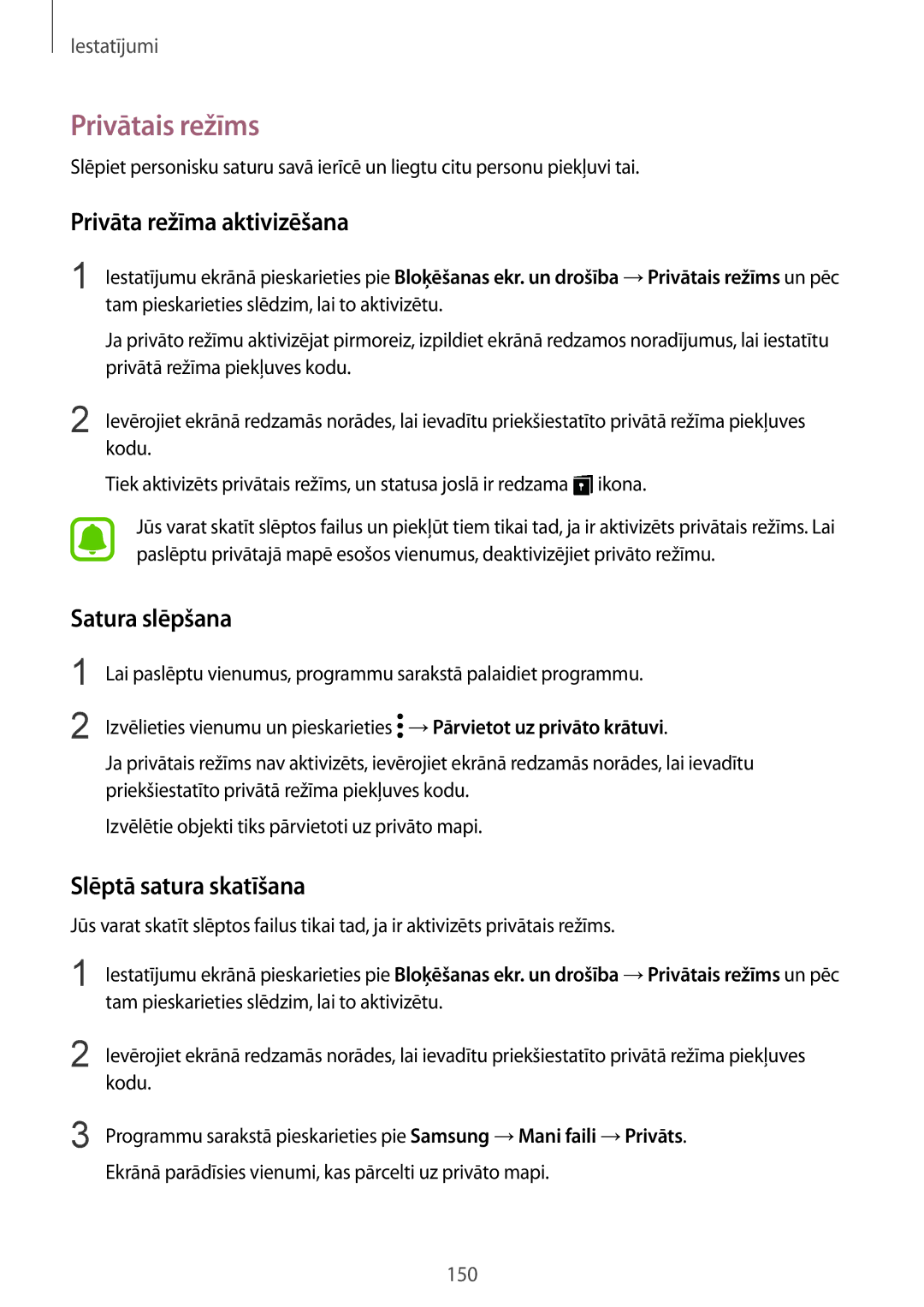 Samsung SM-G930FZDASEB manual Privātais režīms, Privāta režīma aktivizēšana, Satura slēpšana, Slēptā satura skatīšana 