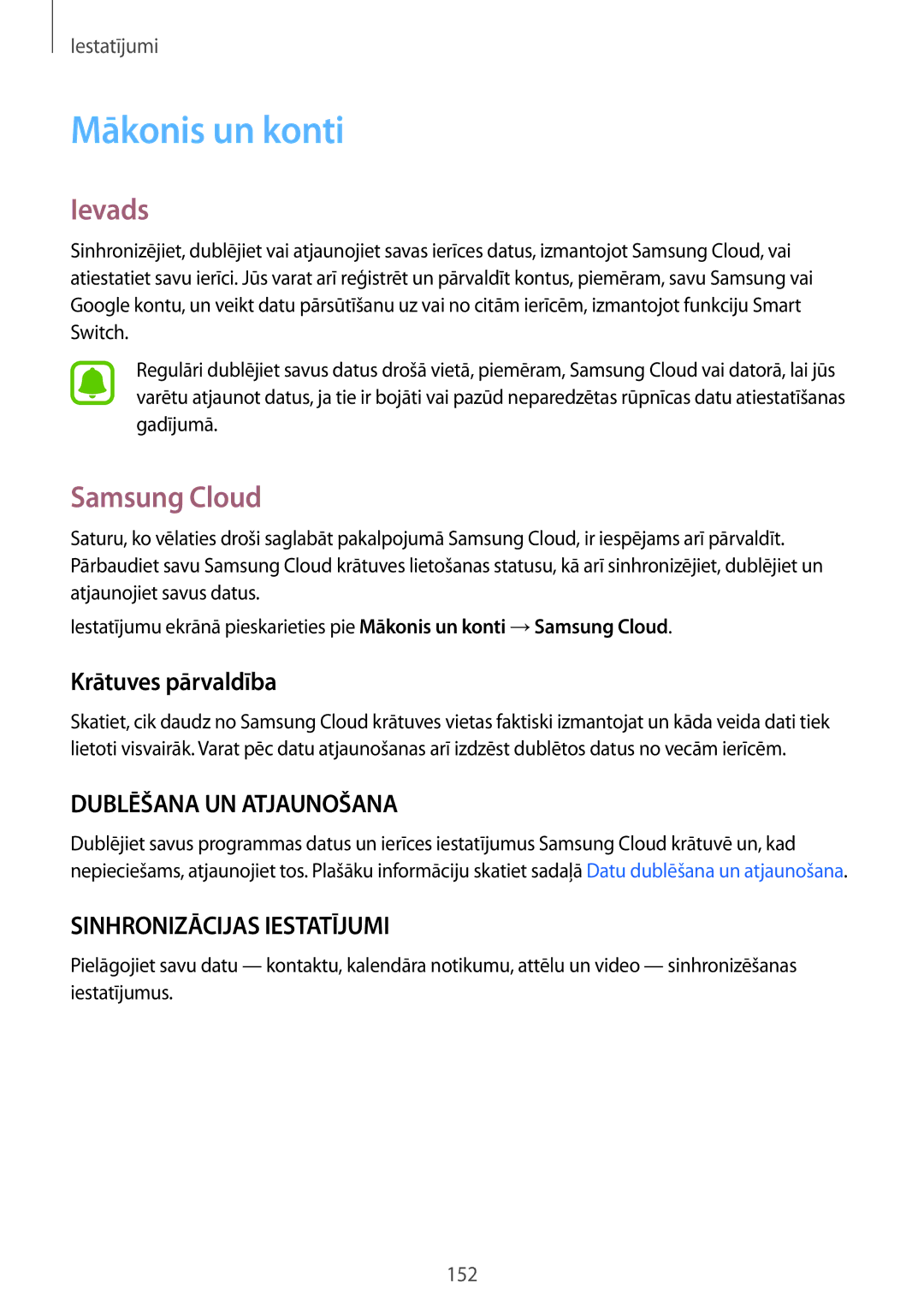 Samsung SM-G930FZDASEB manual Mākonis un konti, Samsung Cloud, Krātuves pārvaldība 