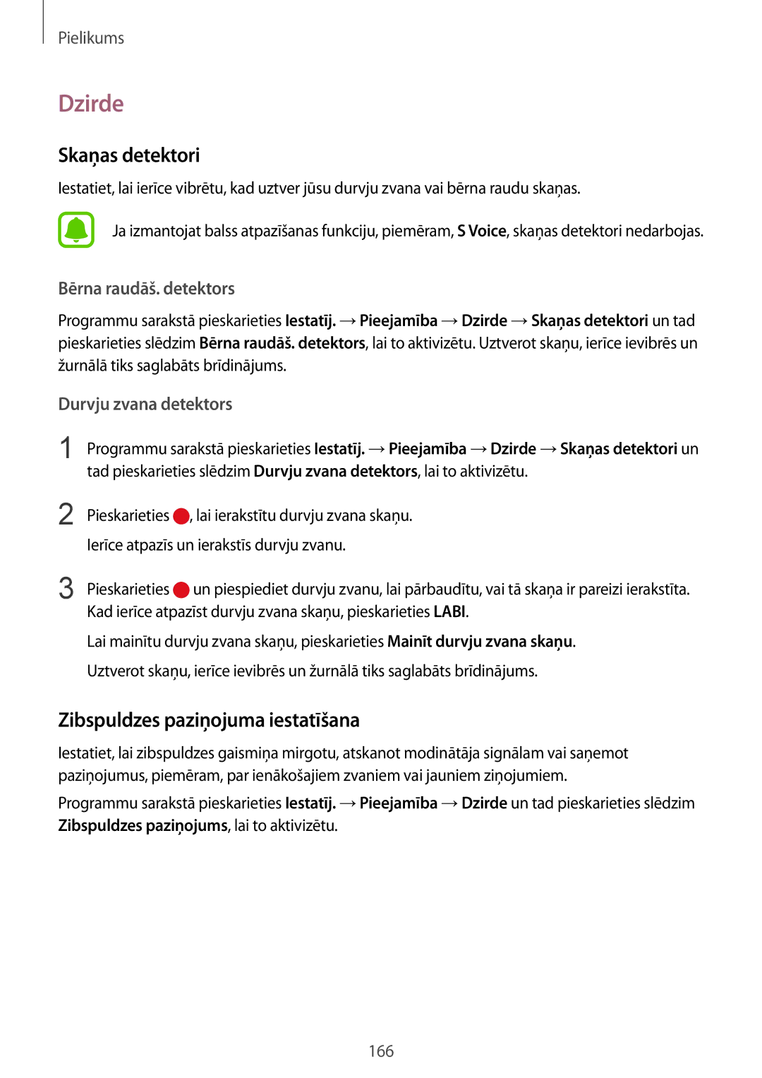 Samsung SM-G930FZDASEB manual Dzirde, Skaņas detektori, Zibspuldzes paziņojuma iestatīšana, Bērna raudāš. detektors 