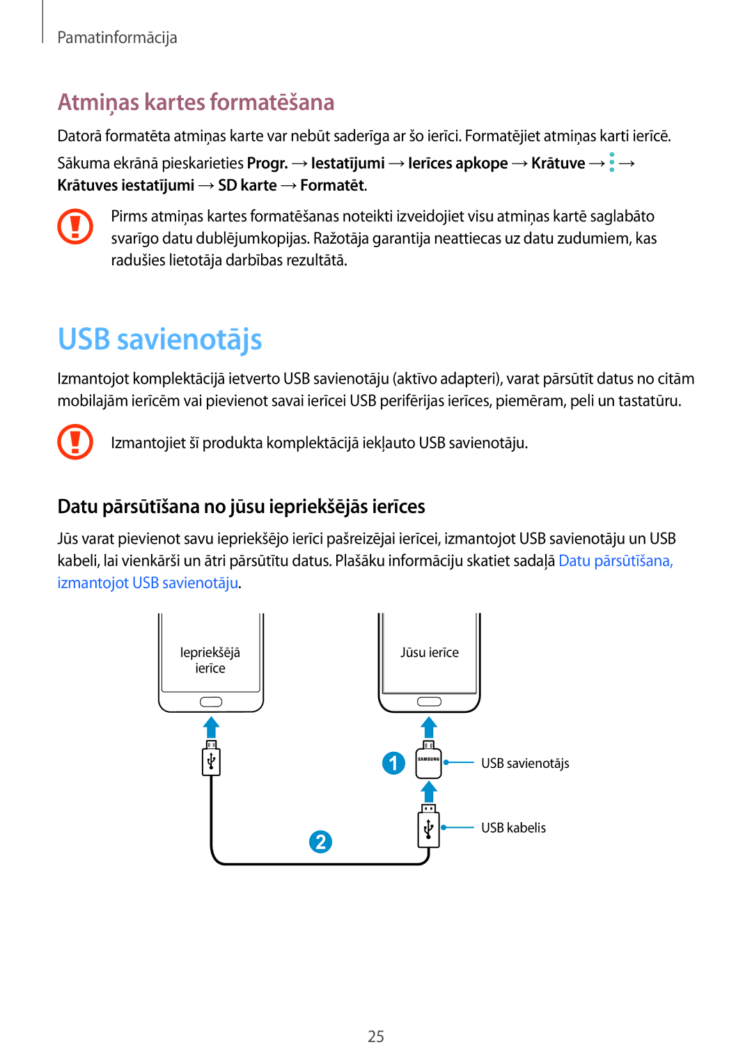 Samsung SM-G930FZDASEB manual USB savienotājs, Atmiņas kartes formatēšana, Datu pārsūtīšana no jūsu iepriekšējās ierīces 