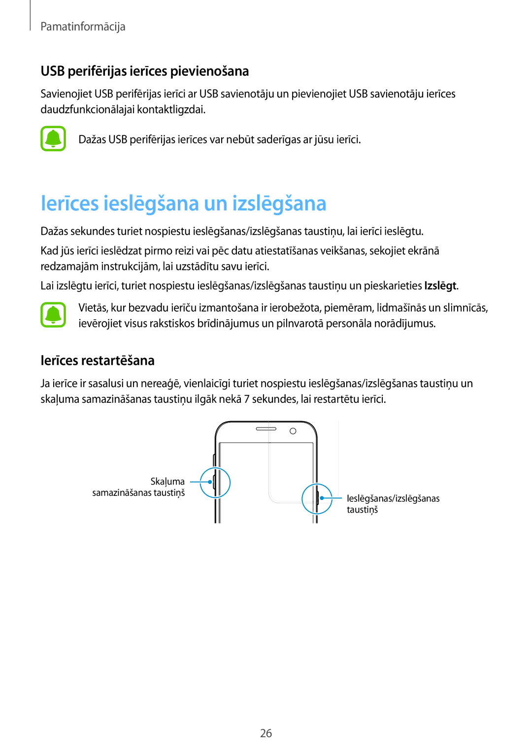 Samsung SM-G930FZDASEB manual Ierīces ieslēgšana un izslēgšana, USB perifērijas ierīces pievienošana, Ierīces restartēšana 