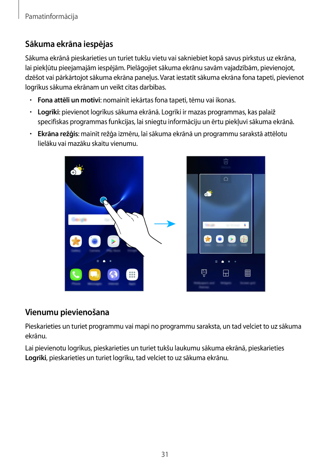 Samsung SM-G930FZDASEB manual Sākuma ekrāna iespējas, Vienumu pievienošana 