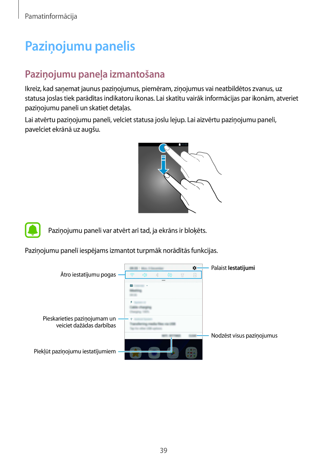 Samsung SM-G930FZDASEB manual Paziņojumu panelis, Paziņojumu paneļa izmantošana 