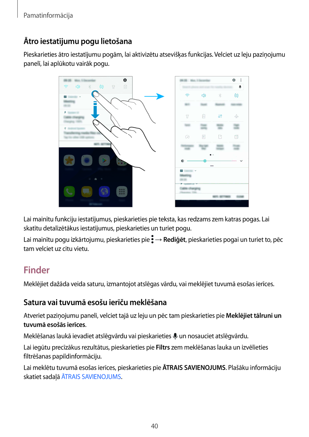 Samsung SM-G930FZDASEB manual Finder, Ātro iestatījumu pogu lietošana, Satura vai tuvumā esošu ierīču meklēšana 