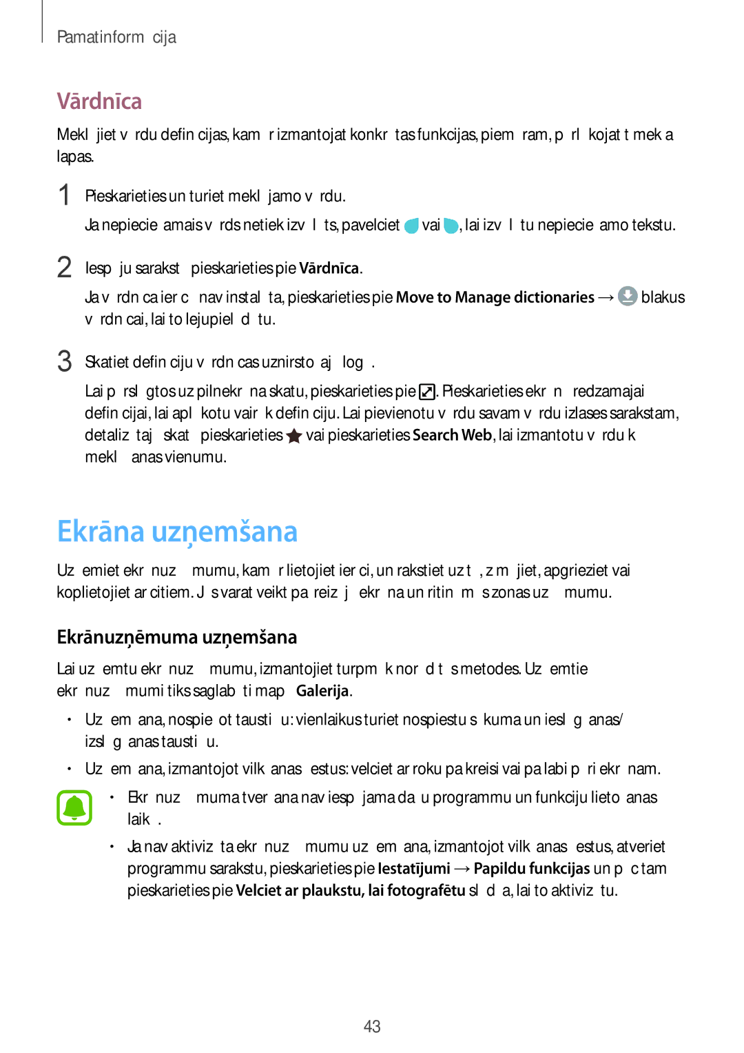 Samsung SM-G930FZDASEB manual Ekrāna uzņemšana, Vārdnīca, Ekrānuzņēmuma uzņemšana 