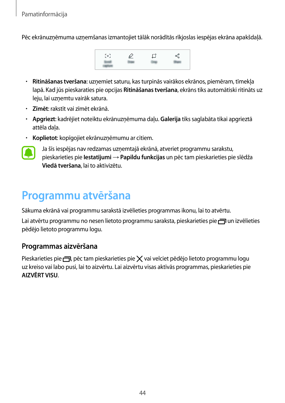 Samsung SM-G930FZDASEB manual Programmu atvēršana, Programmas aizvēršana 