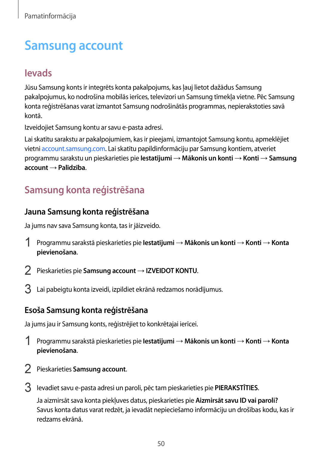 Samsung SM-G930FZDASEB manual Samsung account, Jauna Samsung konta reģistrēšana, Esoša Samsung konta reģistrēšana 