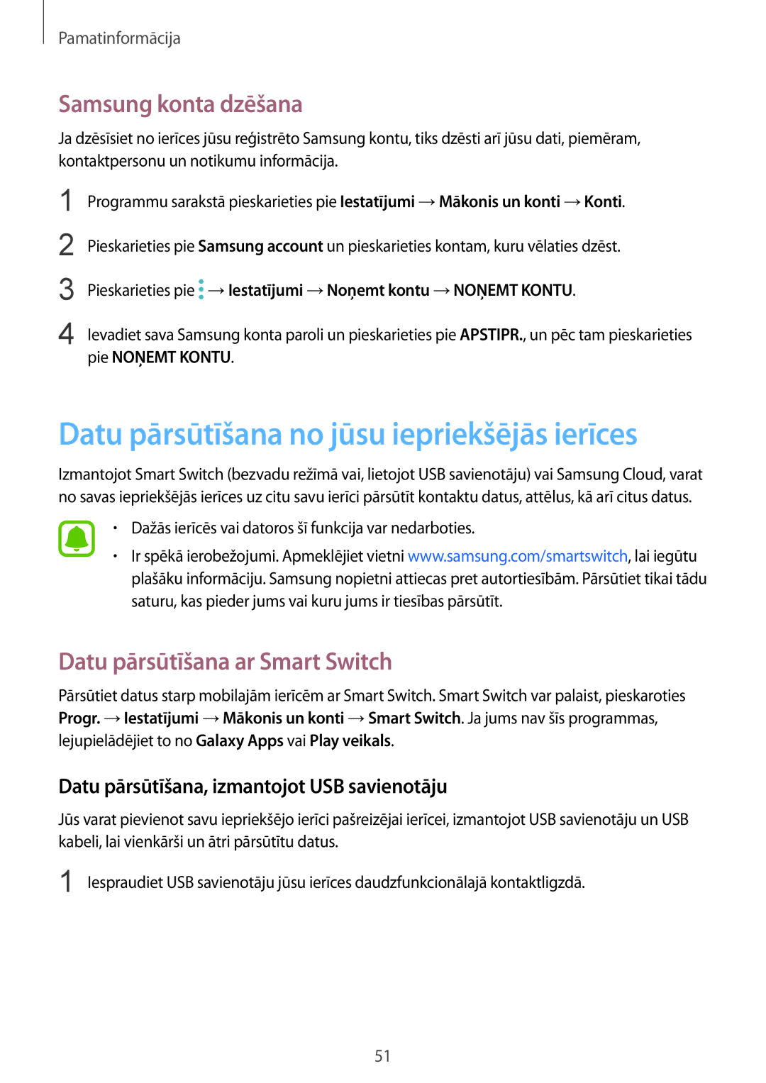 Samsung SM-G930FZDASEB manual Datu pārsūtīšana no jūsu iepriekšējās ierīces, Samsung konta dzēšana 