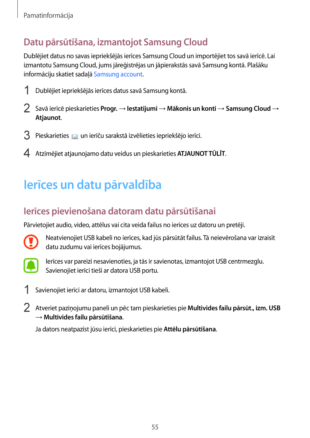 Samsung SM-G930FZDASEB manual Ierīces un datu pārvaldība, Datu pārsūtīšana, izmantojot Samsung Cloud 