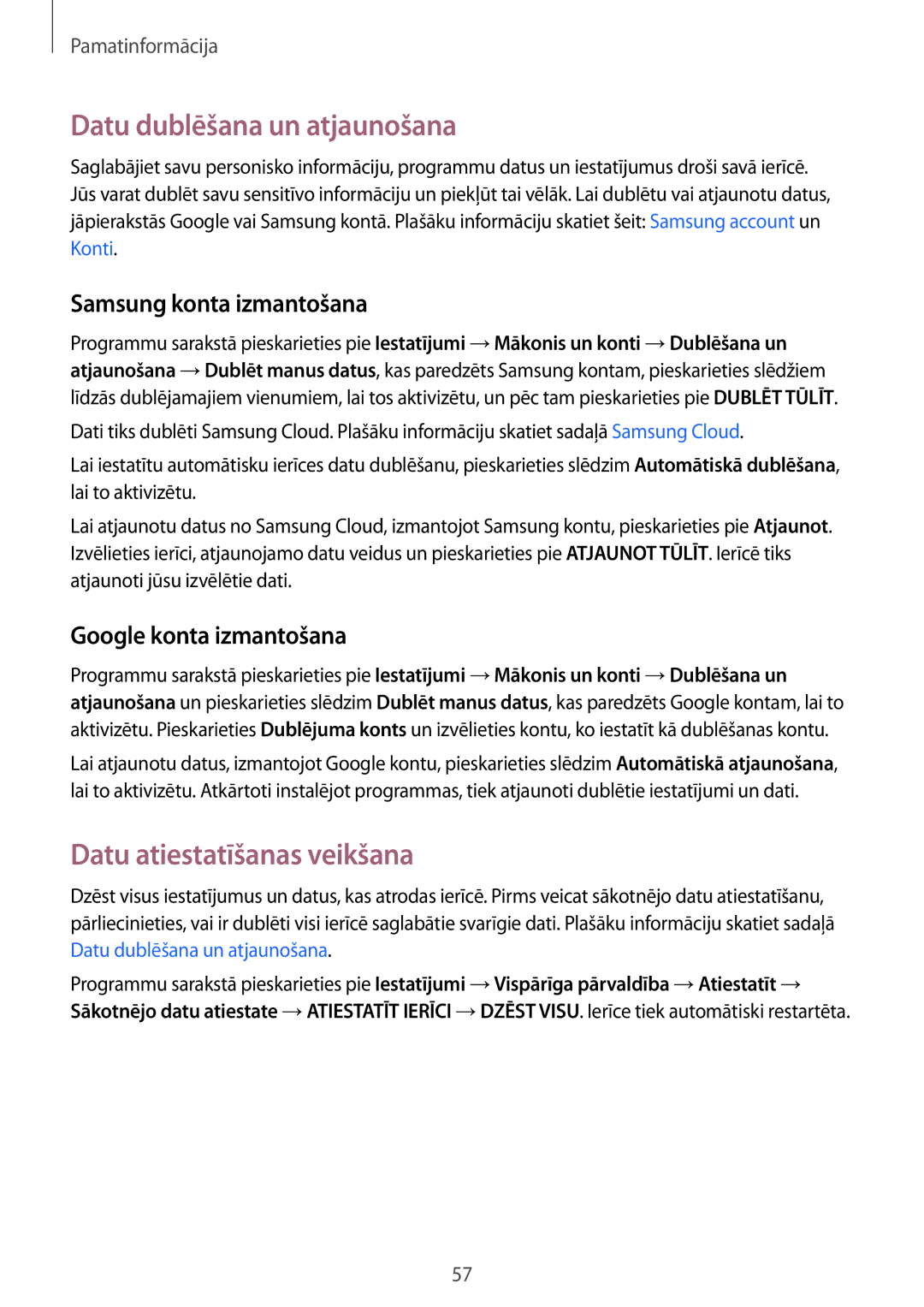 Samsung SM-G930FZDASEB manual Datu dublēšana un atjaunošana, Datu atiestatīšanas veikšana, Samsung konta izmantošana 