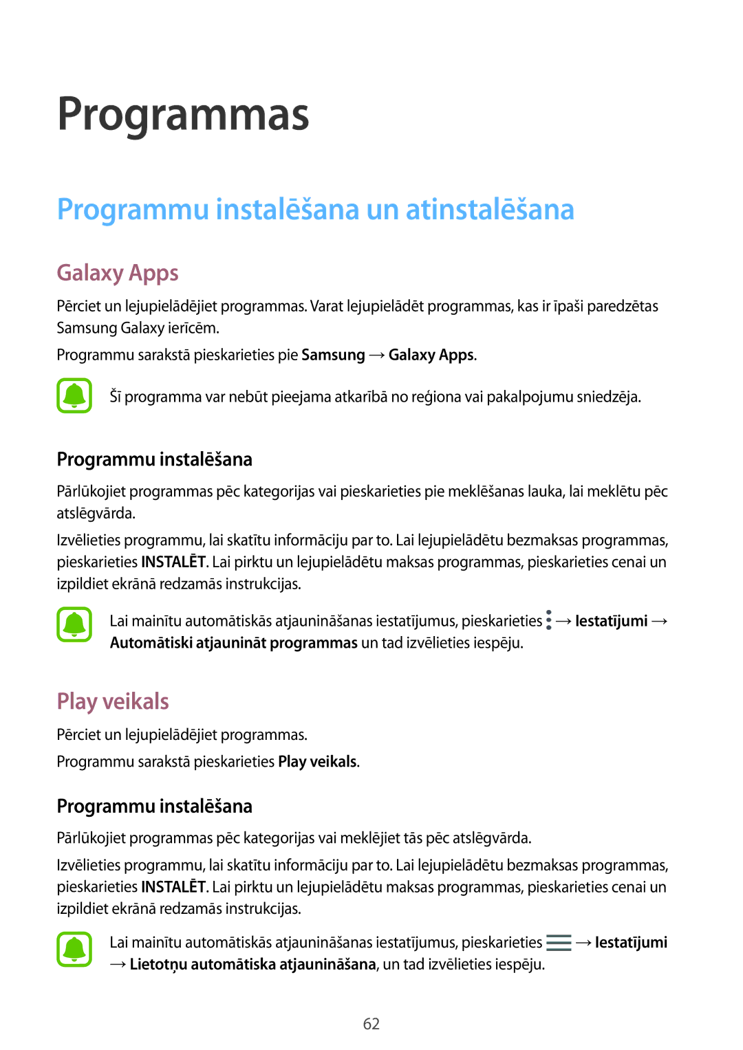 Samsung SM-G930FZDASEB manual Programmu instalēšana un atinstalēšana, Galaxy Apps, Play veikals 