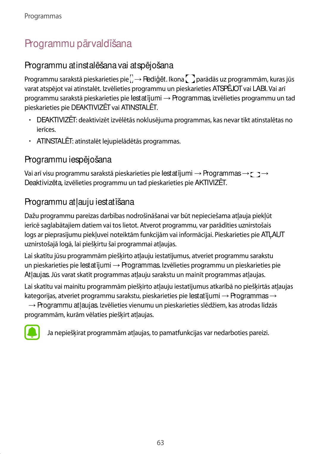 Samsung SM-G930FZDASEB manual Programmu pārvaldīšana, Programmu atinstalēšana vai atspējošana, Programmu iespējošana 