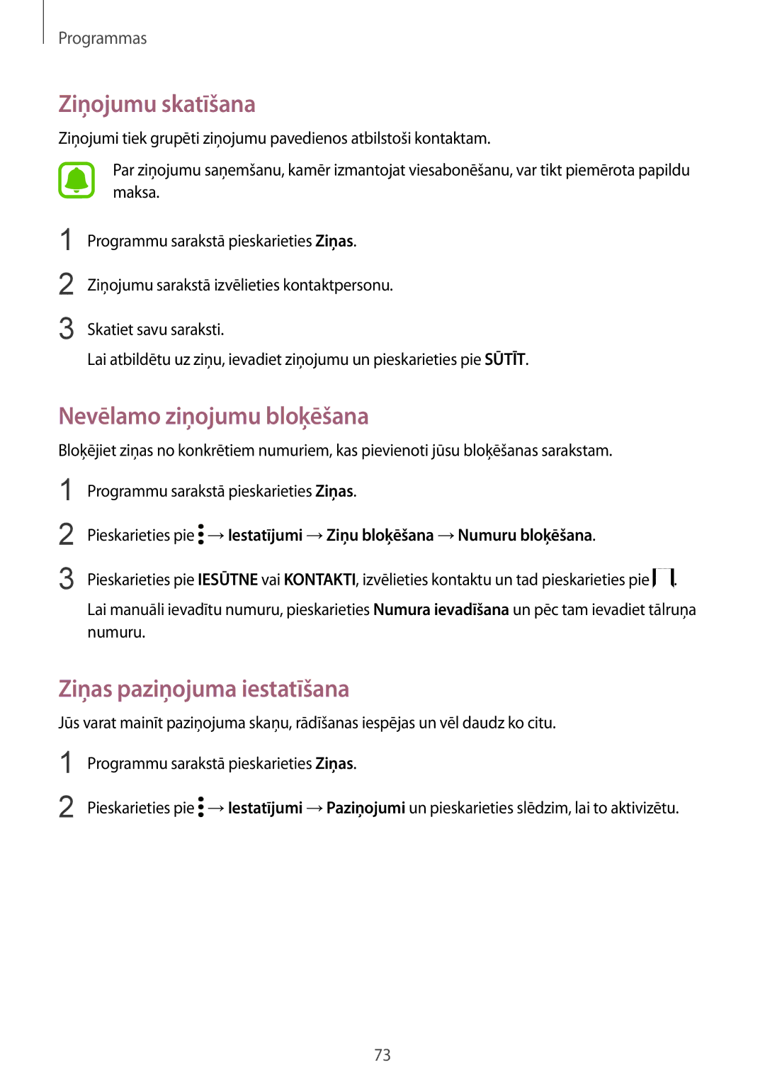 Samsung SM-G930FZDASEB manual Ziņojumu skatīšana, Nevēlamo ziņojumu bloķēšana, Ziņas paziņojuma iestatīšana 