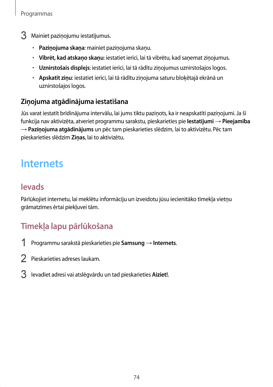 Samsung SM-G930FZDASEB manual Internets, Tīmekļa lapu pārlūkošana, Ziņojuma atgādinājuma iestatīšana 