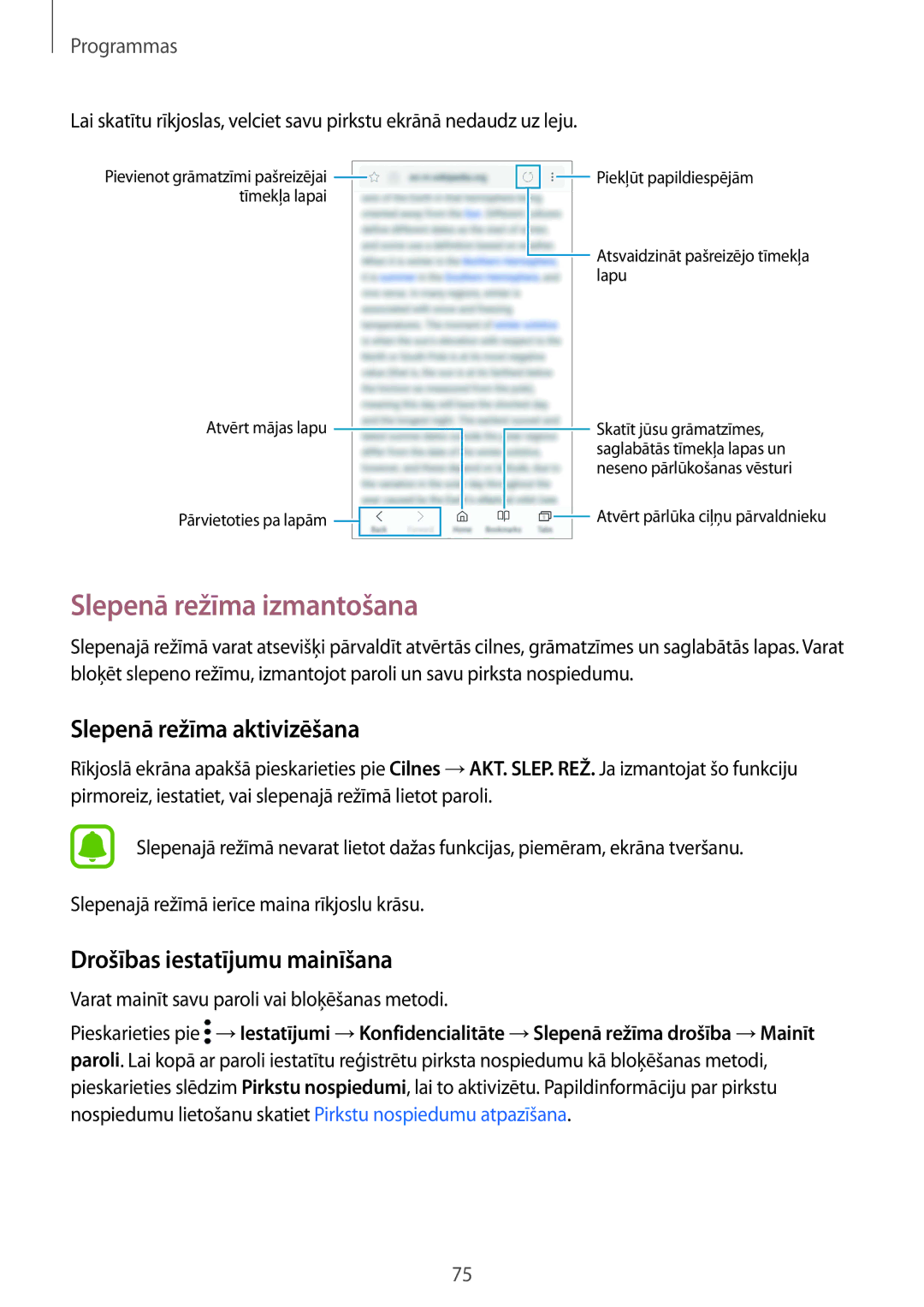 Samsung SM-G930FZDASEB manual Slepenā režīma izmantošana, Slepenā režīma aktivizēšana, Drošības iestatījumu mainīšana 