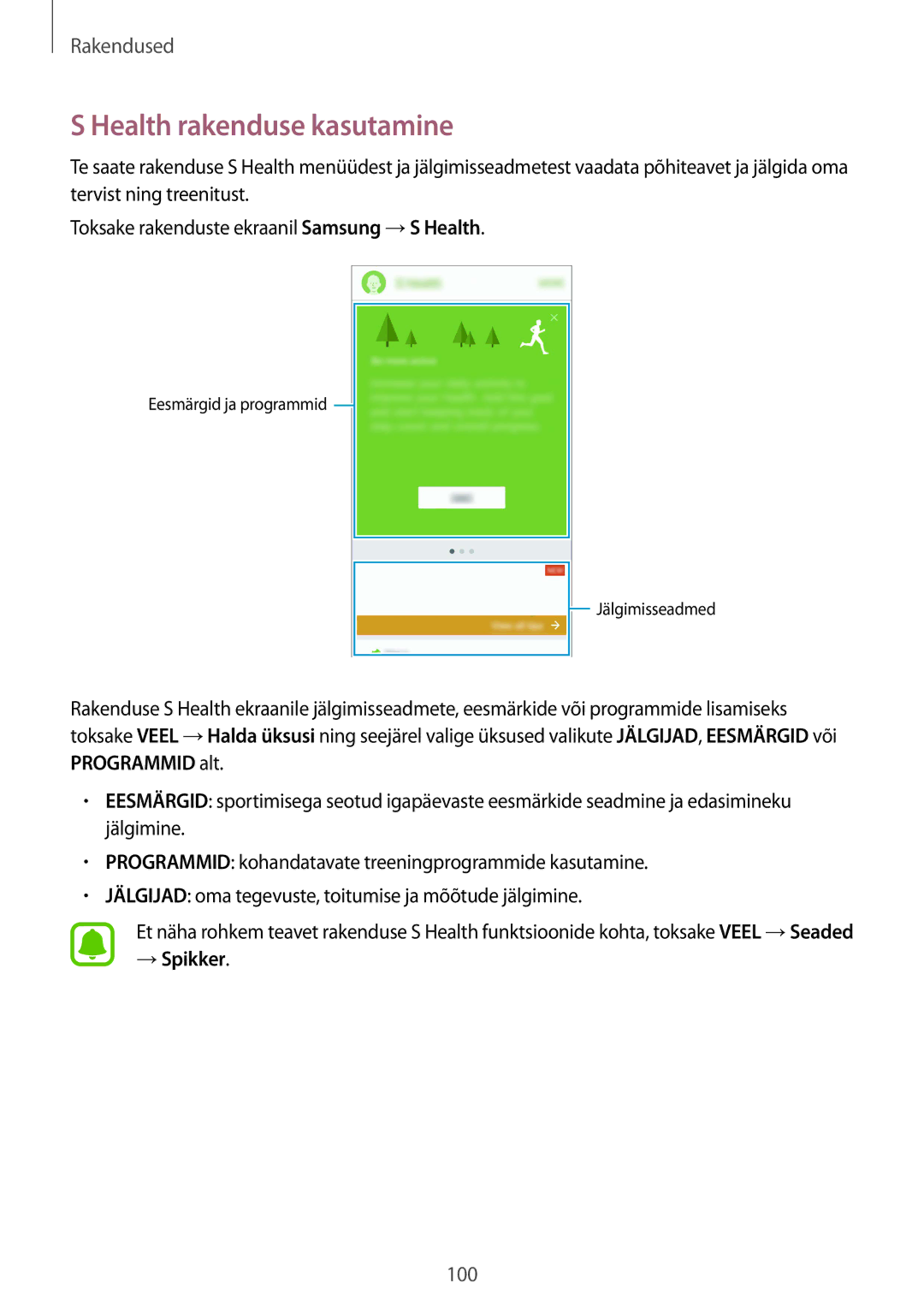 Samsung SM-G930FZDASEB manual Health rakenduse kasutamine, → Spikker 