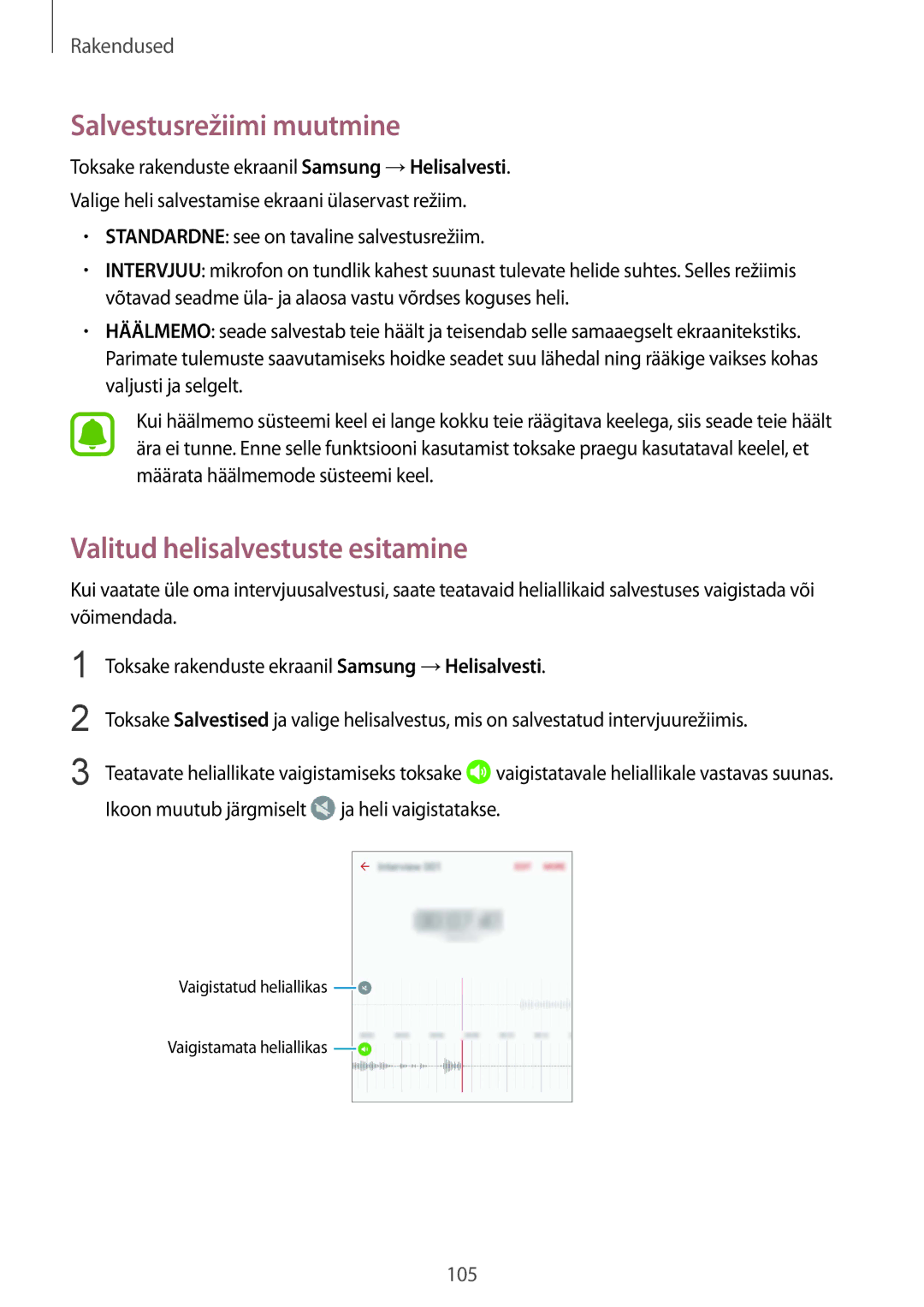 Samsung SM-G930FZDASEB manual Salvestusrežiimi muutmine, Valitud helisalvestuste esitamine 