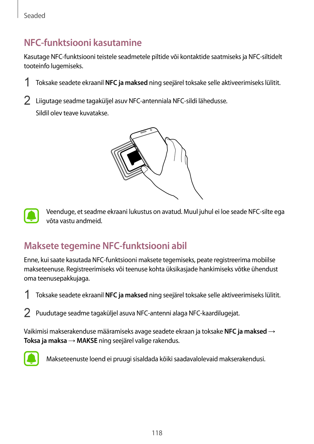 Samsung SM-G930FZDASEB manual NFC-funktsiooni kasutamine, Maksete tegemine NFC-funktsiooni abil 