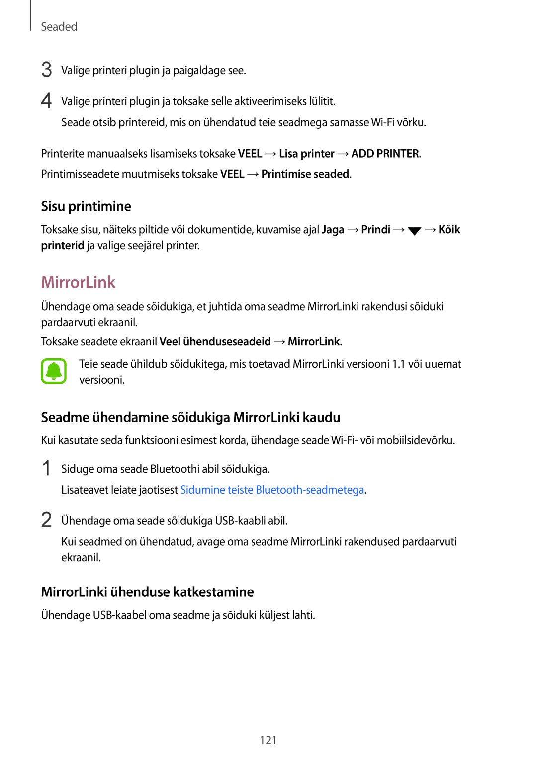 Samsung SM-G930FZDASEB manual Sisu printimine, Seadme ühendamine sõidukiga MirrorLinki kaudu 