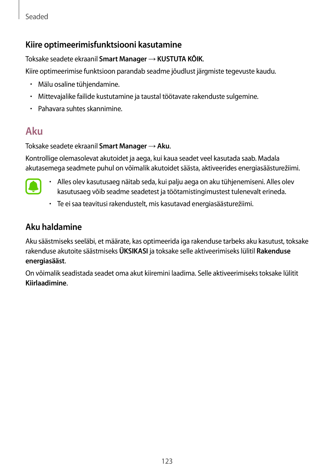 Samsung SM-G930FZDASEB manual Kiire optimeerimisfunktsiooni kasutamine, Aku haldamine 